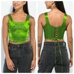 SWIXXZ Green Satin Spider Corset Crop Top Large Rave Alternative Goth Festival